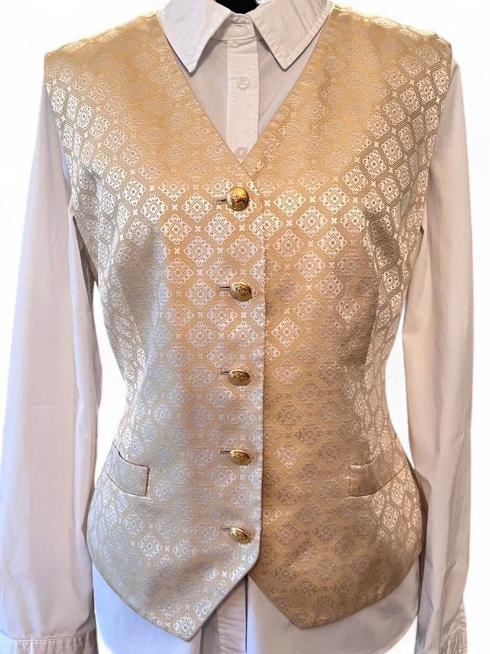 Vintage Escada Margaretha Ley 100% Silk Gold Brocade V-Neck Vest Size 40